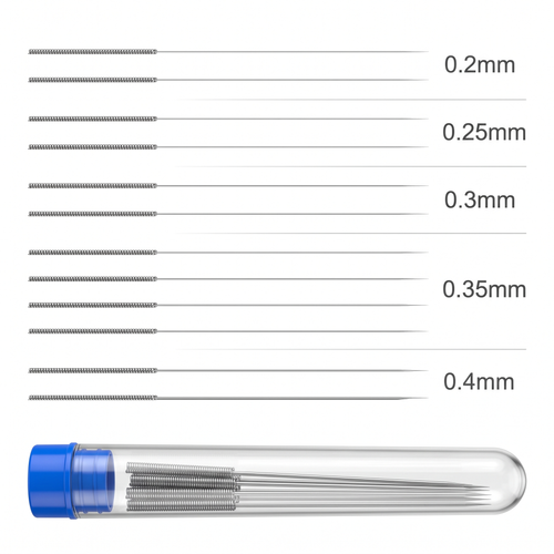 Set van 12 reinigingsnaalden voor de nozzle van een 3D-printer met de aangegeven diameters 0,2, 0,25, 0,3, 0,35 en 0,4 mm en een transparant kokertje